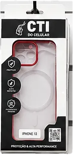 Capinha CTI transparente com borda vermelha para iPhone 13 na embalagem