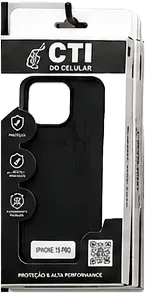 Capinha CTI preta para iPhone 15 Pro na embalagem