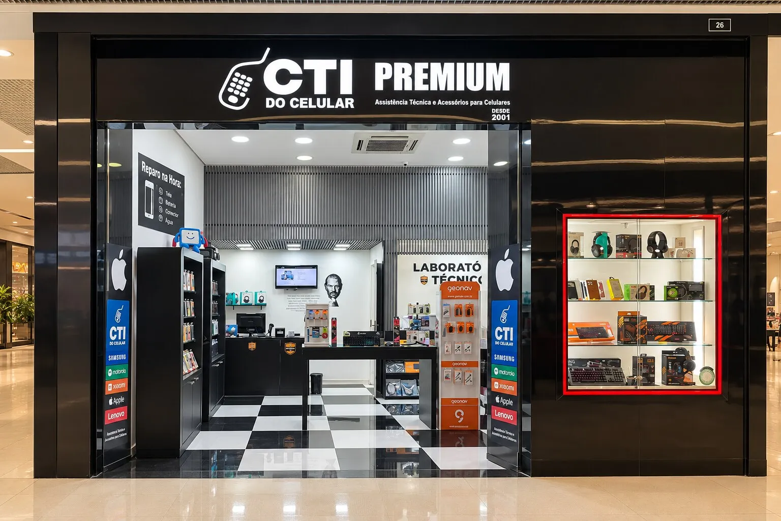 Fachada da loja CTI Premium no Shopping Parque da Cidade, com laboratório técnico e vitrine iluminada
