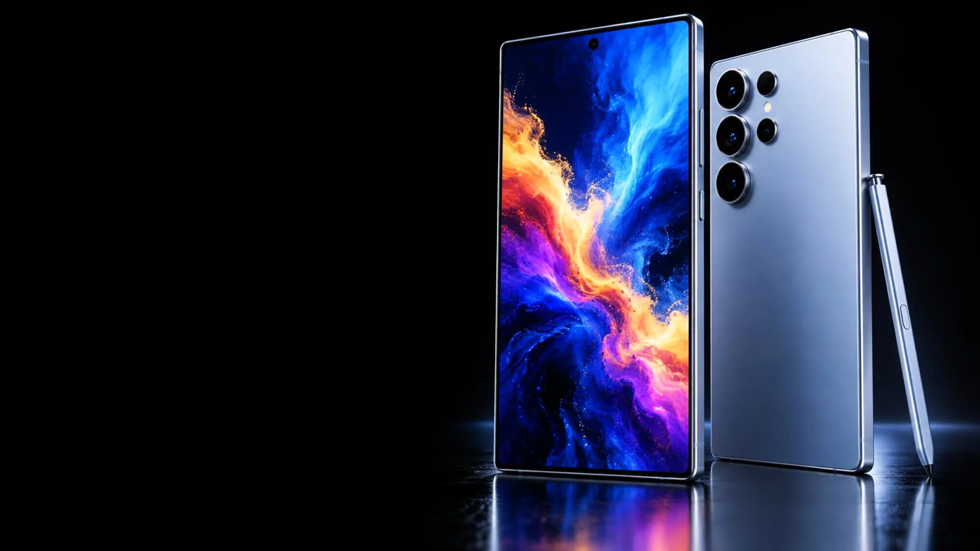 Samsung Galaxy azul visto de frente e de costas com a caneta